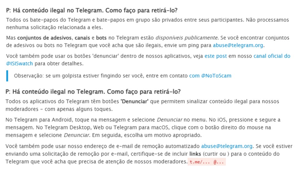 Alterações realizadas no FAQ do Telegram — Foto: Reprodução/Telegram