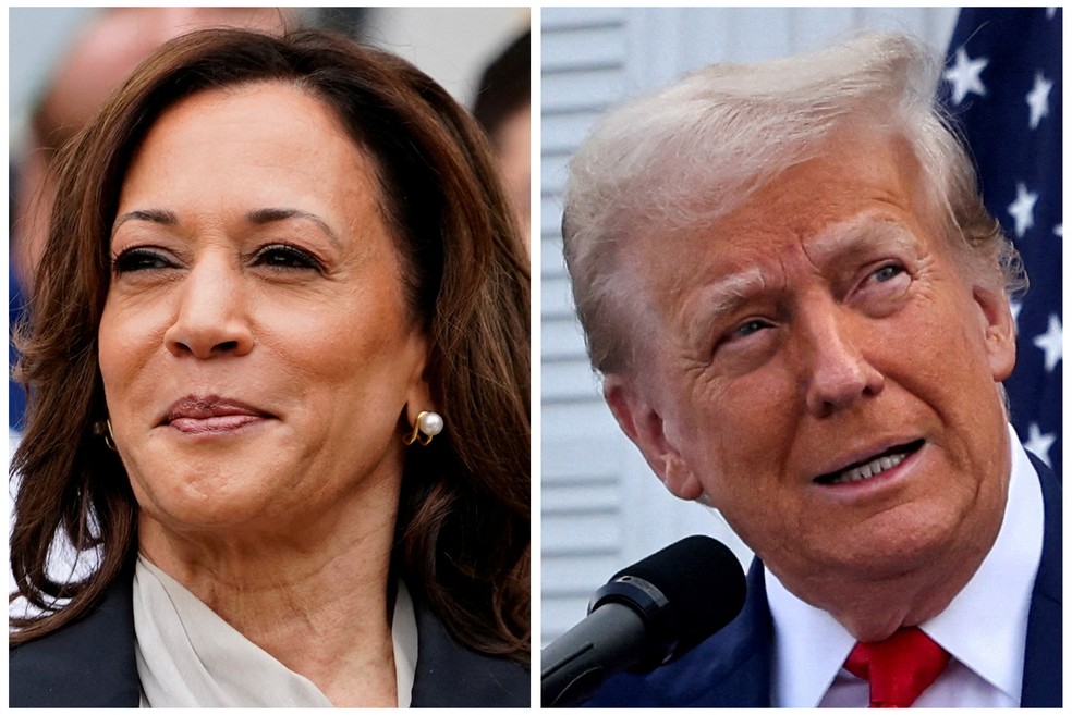 Os candidatos à presidência dos EUA Kamala Harris e Donald Trump. — Foto: Nathan Howard, Jeenah Moon/ Reuters