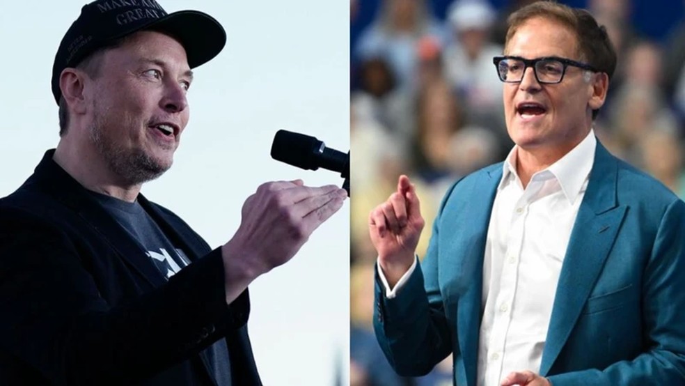 Às vésperas das eleições presidenciais americanas, dois empresários bastante midiáticos, Elon Musk (à esquerda) e Mark Cuban, disputam para ver quem consegue obter mais apoio para seus respectivos candidatos — Foto: Getty Images via BBC