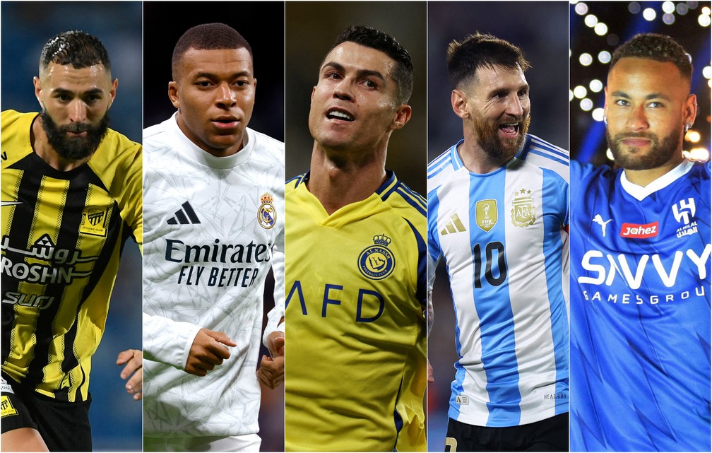 Karim Benzema, Kylian Mbappé, Cristiano Ronaldo, Lionel Messi e Neymar. — Foto: Reuters