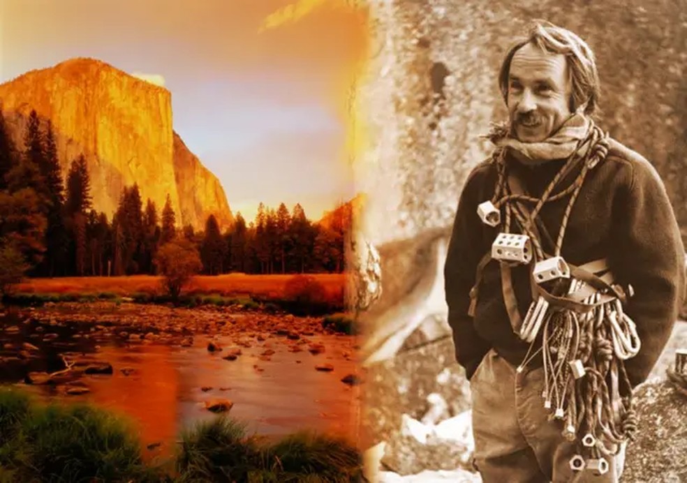 A montanha El Capitan (à esquerda) e Chouinard, com equipamento de escalada. — Foto: Getty Images (via BBC)