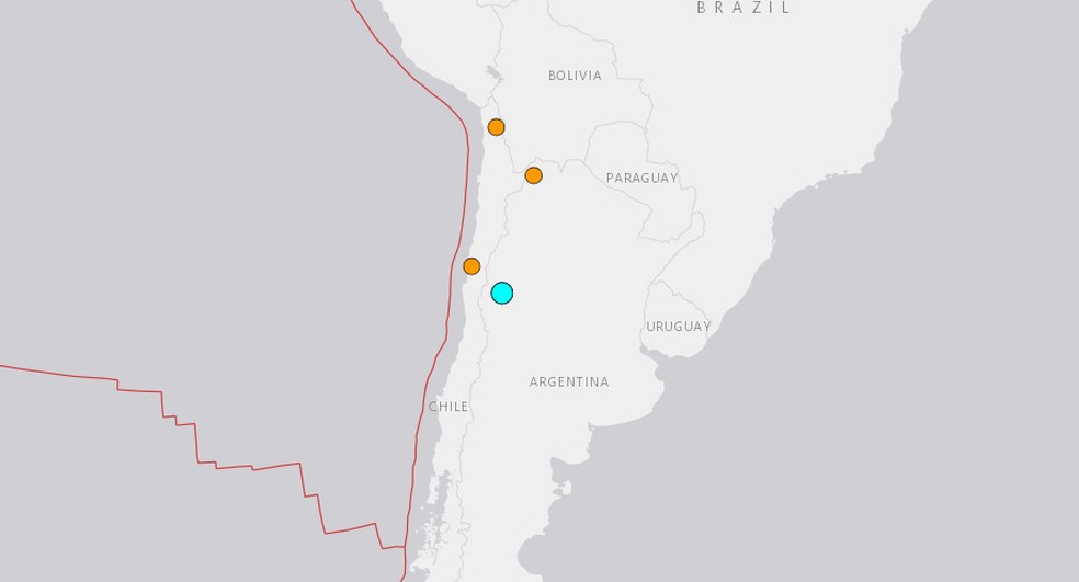 Terremotos registrados na Argentiana e Chile — Foto: reprodução/USGS