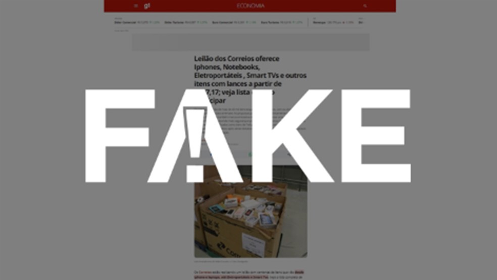 É #FAKE página que imita aparência g1 e cita leilão dos Correios com Iphone e outros itens com lances a partir de R$ 87,17 — Foto: Reprodução