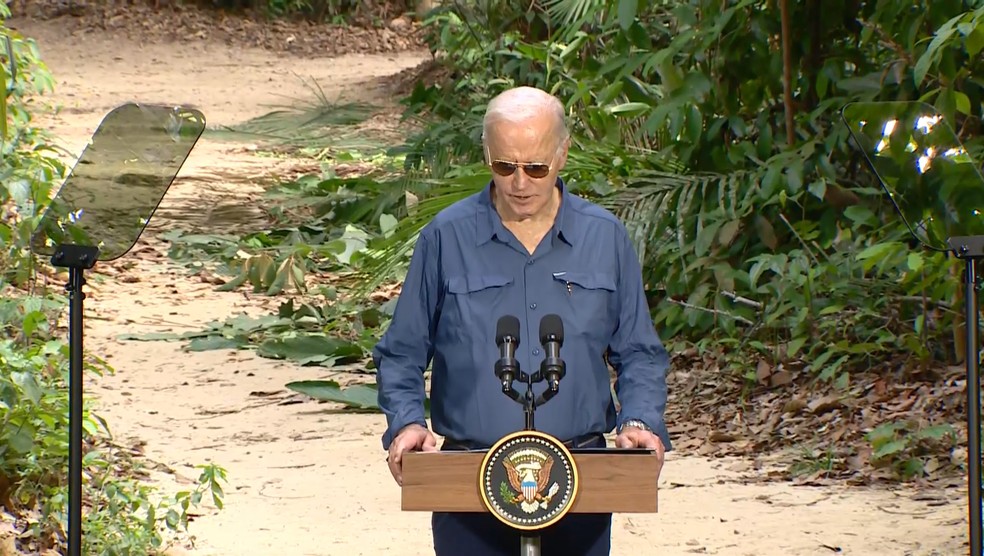Joe Biden em pronunciamento durante visita a Amazônia brasileira. — Foto: Alexandro Pereira/Rede Amazônica