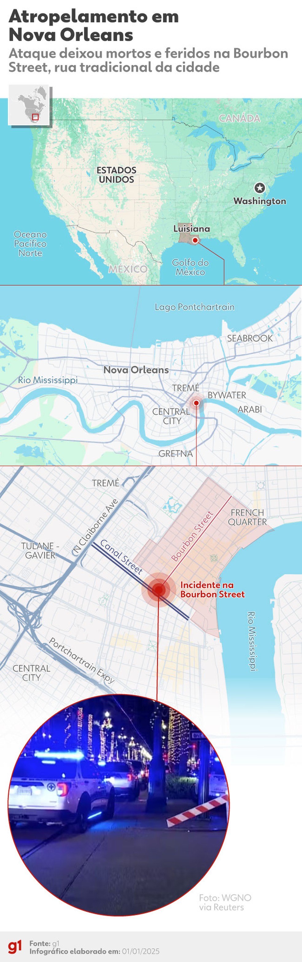Veja onde ocorreu atropelamento em massa em Nova Orleans, nos EUA, em 1º de janeiro de 2025. — Foto: Equipe de arte/g1