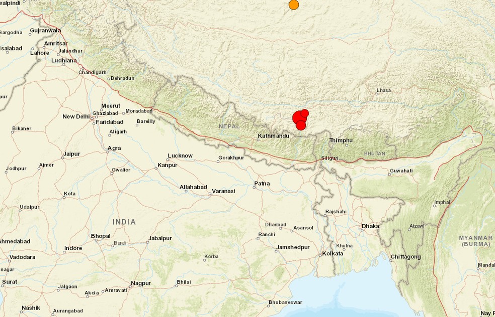 Pontos vermelhos indicam área de terremoto que balançou Katmandu, em 7 de janeiro de 2025 — Foto: USGS