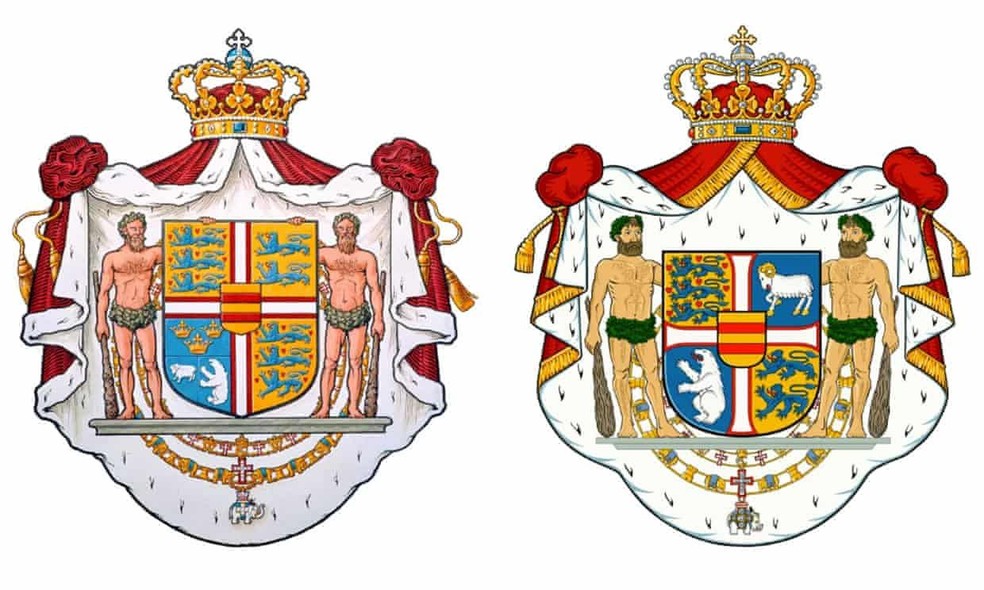 À esquerda, o antigo brasão real dinamarquês estabelecido por resolução real de 5 de julho de 1972. À direita, o novo brasão real dinamarquês estabelecido por resolução real em 20 de dezembro de 2024 — Foto: Casa Real da Dinamarca