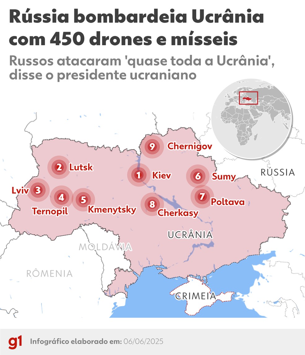 Veja onde a Rússia atingiu a Ucrânia em ataque de mísseis e drones em 6 de junho de 2025. — Foto: Equipe de arte/g1