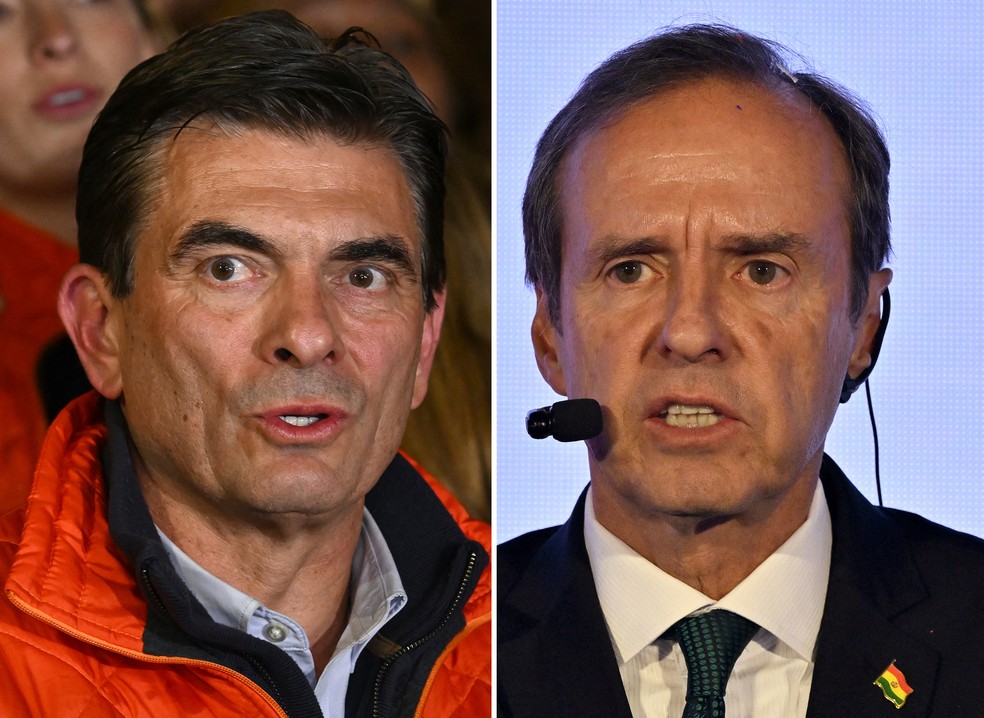 Rodrigo Paz Pereira e Jorge "Tuto" Quiroga vão disputar o segundo turno na Bolívia no próximo dia 19 de outubro. — Foto: Alzar Raldes/AFP