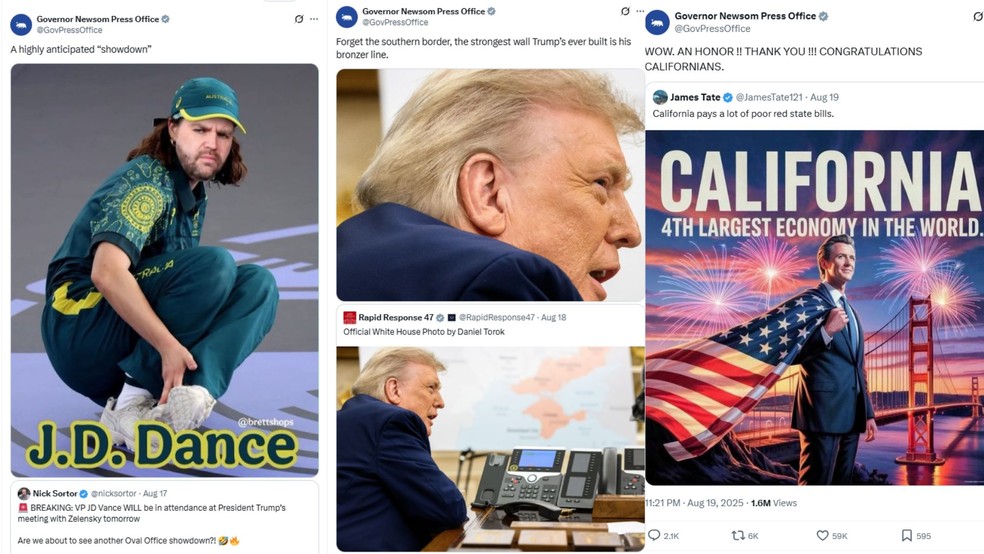 Memes divulgados pelo governador da Califórnia, Gavin Newsom, em sua conta oficial nas redes sociais. — Foto: Reprodução/Gavin Newsom no X