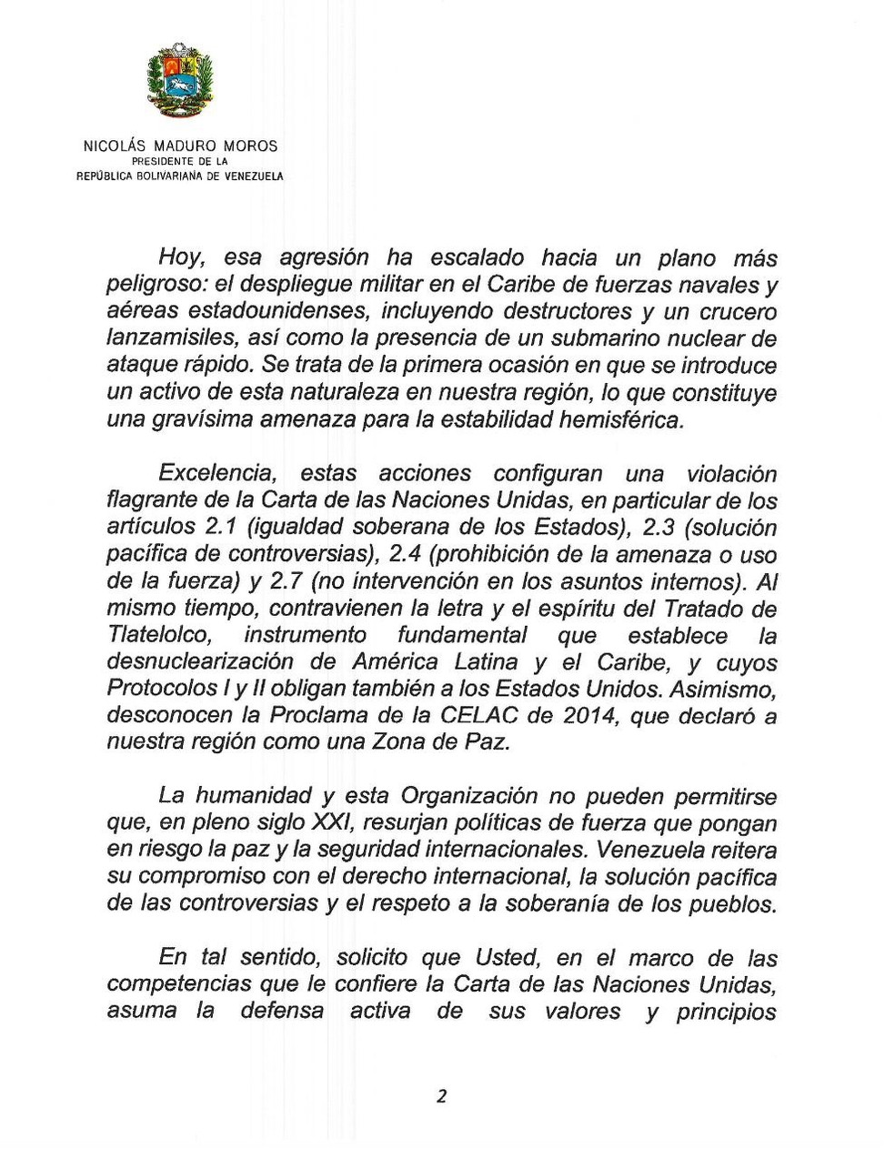 Carta enviada pelo presidente da Venezuela, Nicolás Maduro, ao secretário-geral da ONU, António Guterres, em 27 de agosto de 2025. — Foto: Divulgação/ Ministério das Relações Exteriores da Venezuela