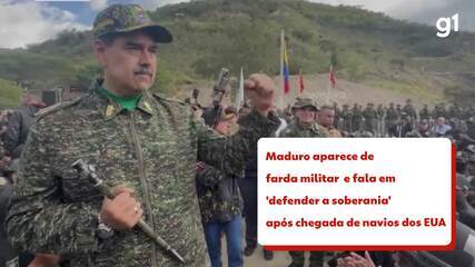 Maduro aparece de farda militar e fala em 'defender a soberania' após chegada de navios dos EUA Maduro aparece de farda militar e fala em 'defender a soberania' após chegada de navios dos EUA