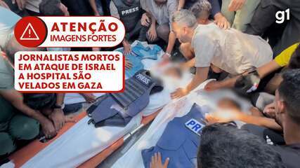 Jornalistas mortos em ataque de Israel a hospital são velados em Gaza Jornalistas mortos em ataque de Israel a hospital são velados em Gaza