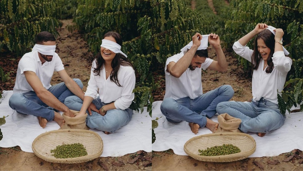 Halana Valani Colodette, de 21 anos, e o marido, Jônatas Poleto Lúcio, de 26, fizeram um chá revelação na propriedade de café do casal, em Castelo, Espírito Santo. — Foto: Mirely Valani