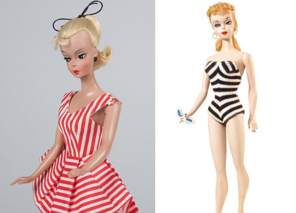À direita, a boneca alemã Lilli. À esquerda, a primeira Barbie, criada em 1959. — Foto: Reprodução
