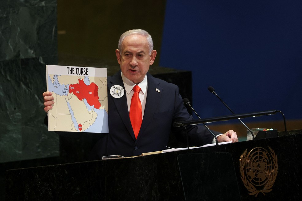 Primeiro-ministro de Israel, Benjamin Netanyahu, discursa na Assembleia Geral da ONU em 26 de setembro de 2025. — Foto: REUTERS/Shannon Stapleton
