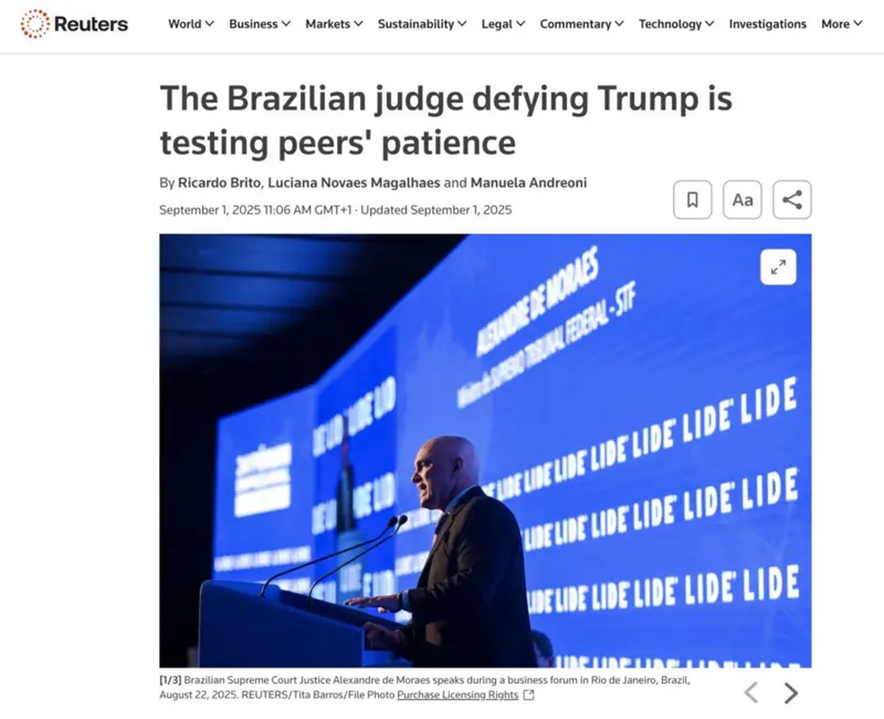 Reportagem da Reuters sobre Alexandre de Moraes — Foto: Reprodução