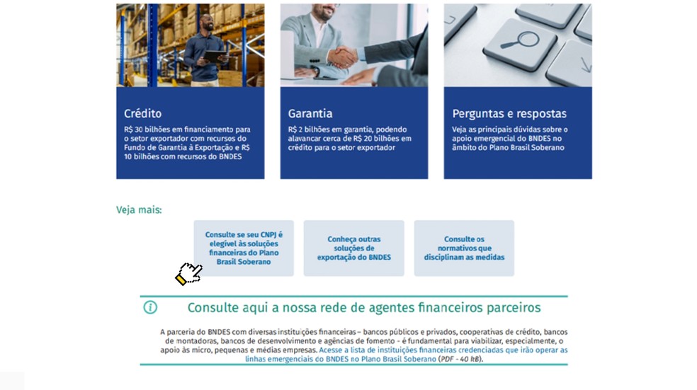 Passo a passo para empresas atingidas por tarifaço pedirem crédito. — Foto: BNDES/Reprodução