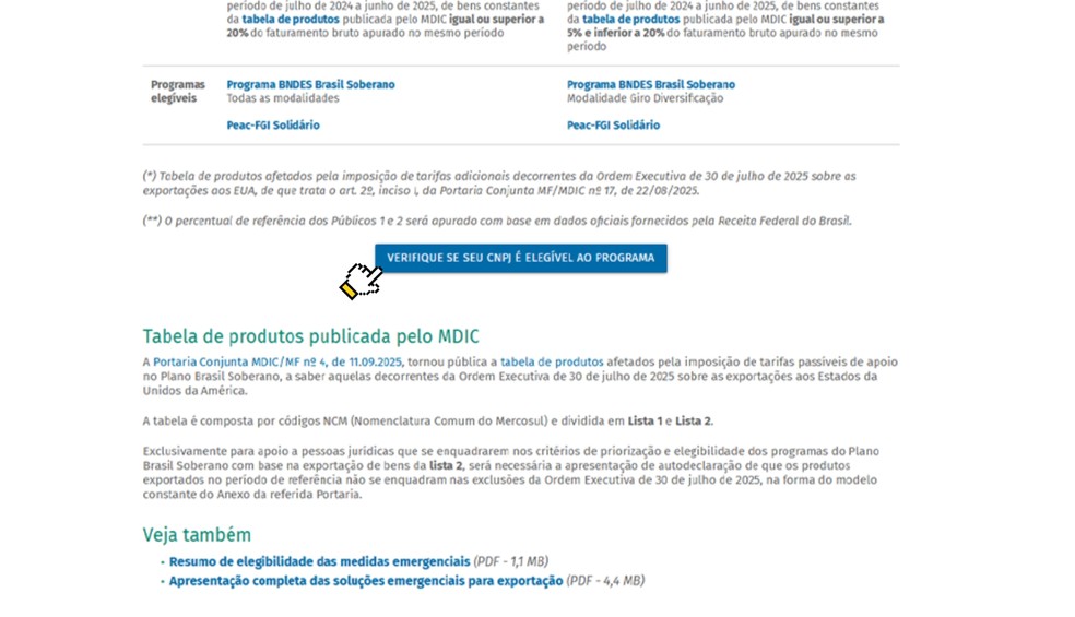 Passo a passo para empresas atingidas por tarifaço pedirem crédito. — Foto: BNDES/Reprodução