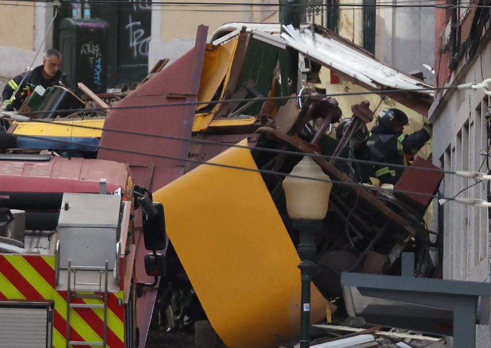 Bonde do Elevador da Glória destruído após acidente — Foto: PATRICIA DE MELO MOREIRA / AFP