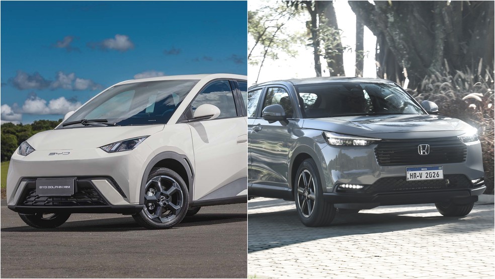 BYD Dolphin Mini (esq) e Honda HR-V (dir) são os carros mais vendidos de cada marca — Foto: g1
