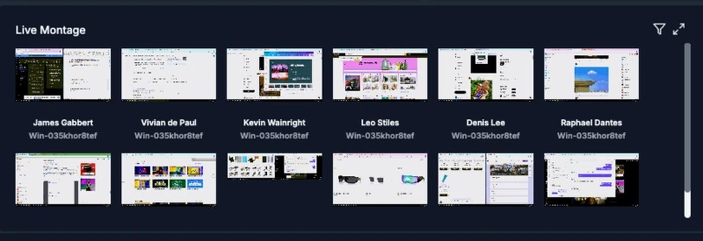 Demonstração da Teramind tem tela de monitoramento ao vivo de computadores, com nomes fictícios — Foto: Reprodução
