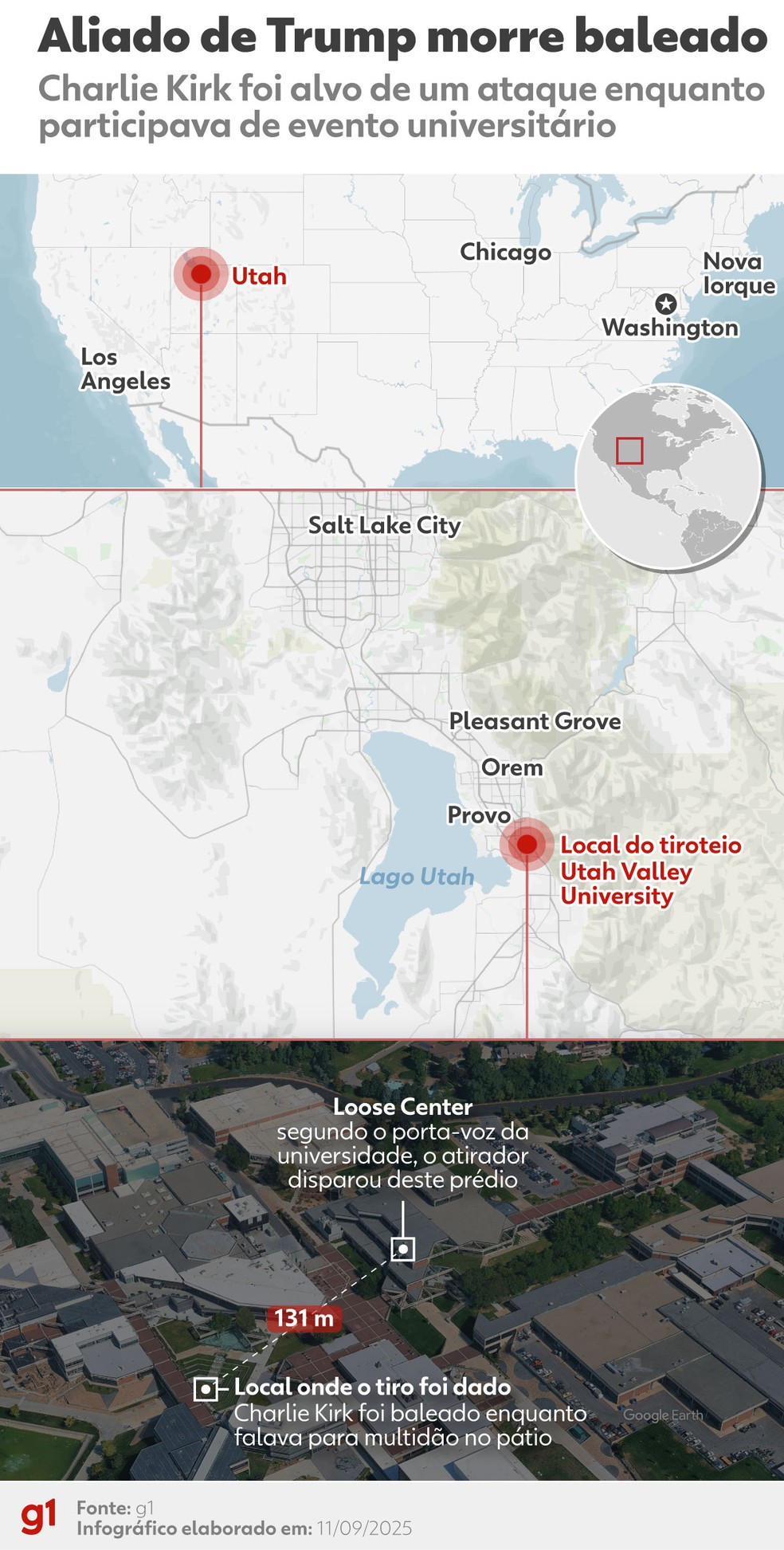 Mapa mostra local onde o ativista conservador Charlie Kirk foi assassinado, em Utah, nos EUA, em 10 de setembro de 2025. — Foto: arte/ g1