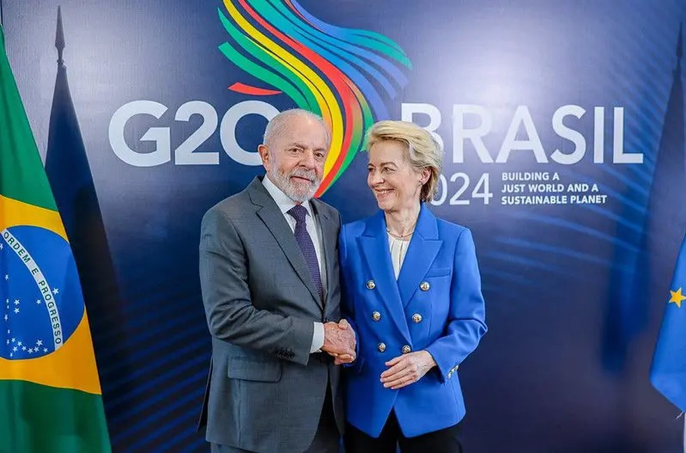 O presidente Luiz Inácio Lula da Silva (PT) e a presidente da Comissão Europeia, Ursula Von der Leyen, durante reunião na Cúpula do G20. Há expectativa de que Mercosul e União Europeia anunciem a finalização do acordo de livre comércio entre os dois blocos. — Foto: Ricardo Stuckert/Presidência da República