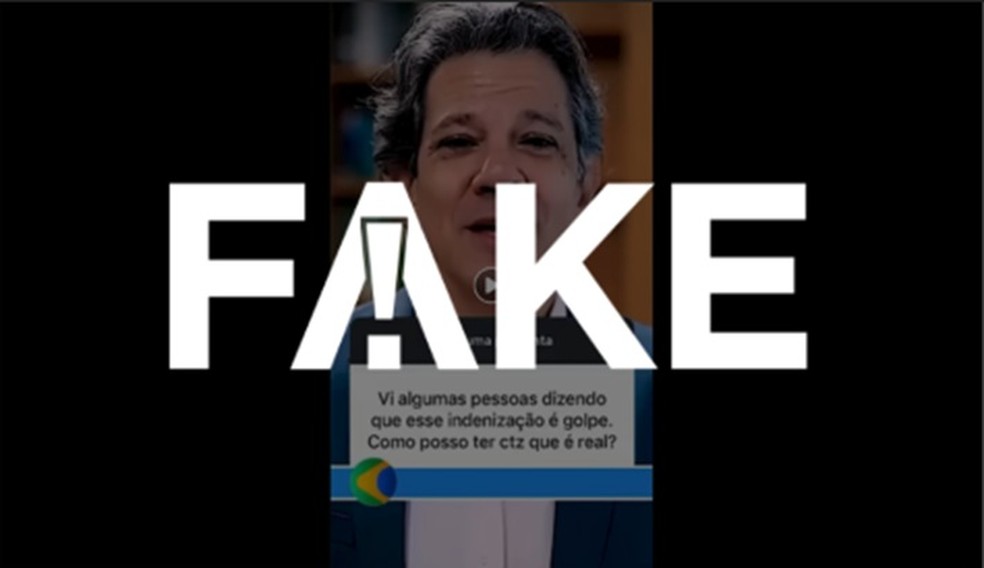 É #FAKE anúncio que mostra Haddad recomendando link para consulta de indenização; vídeo foi criado com IA — Foto: Reprodução