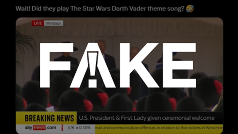 É #FAKE que guarda real britânica tocou música de Darth Vader, de Star Wars, durante visita de Trump — Foto: Reprodução