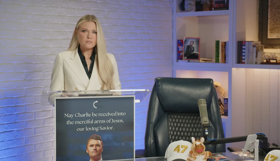Erika Kirk fala pela primeira vez após a morte do marido, em 12 de setembro de 2025 — Foto: Reprodução