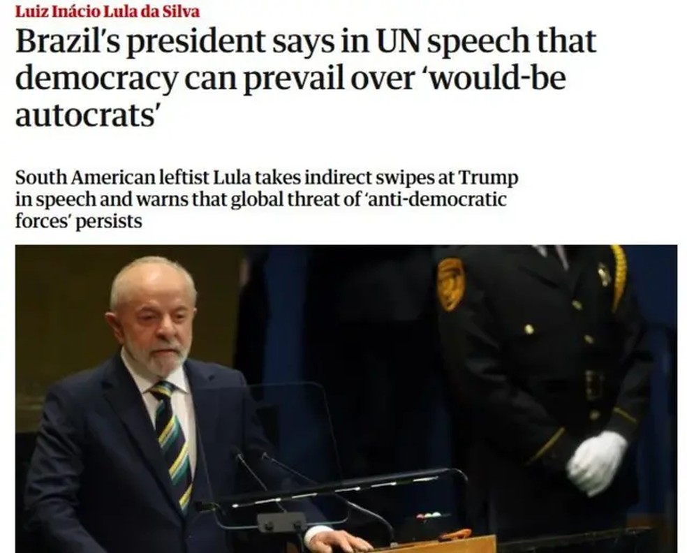 Discurso de Lula foi destacado em reportagem do The Guardian. — Foto: Reprodução