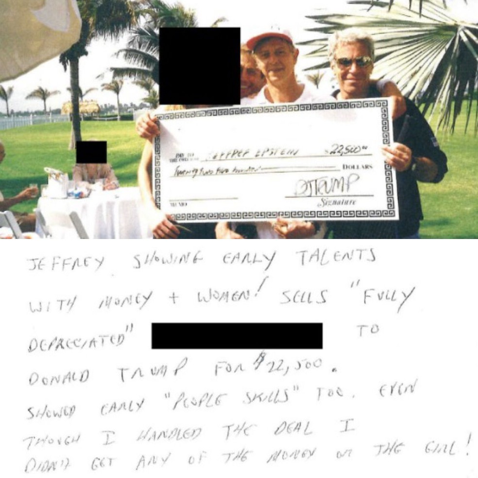 Bilhete mostra 'piada' com venda de mulher de Epstein para Trump — Foto: Reprodução