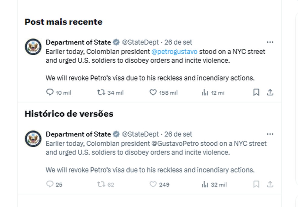 Publicação corrigida após governo Trump marcar repórter do g1 em vez do presidente da Colômbia — Foto: Reprodução/X