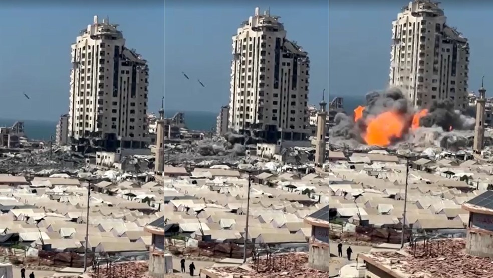 Bombardeio israelense derruba prédio na Cidade de Gaza, na Faixa de Gaza, em 5 de setembro de 2025. — Foto: Reuters