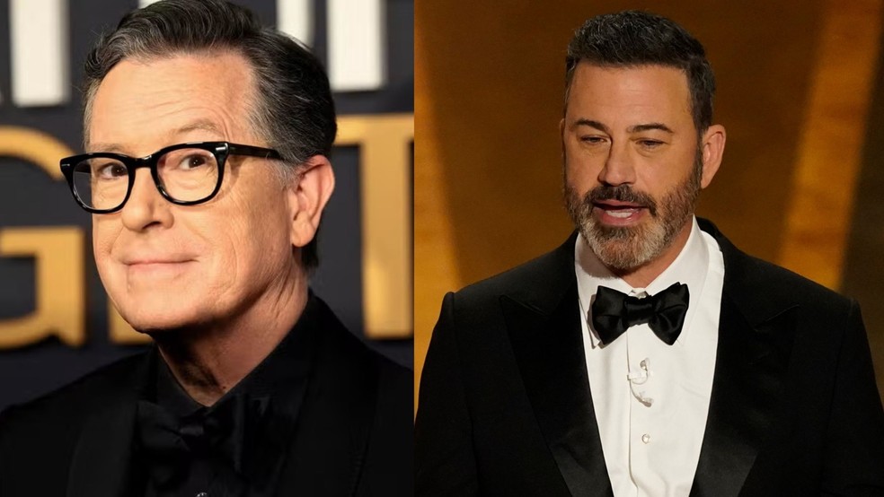 Jimmy Kimmel e Stephen Colbert foram alvos de críticas do presidente Donald Trump. — Foto: Reprodução/ABC/REUTERS/Caitlin Ochs/File Photo