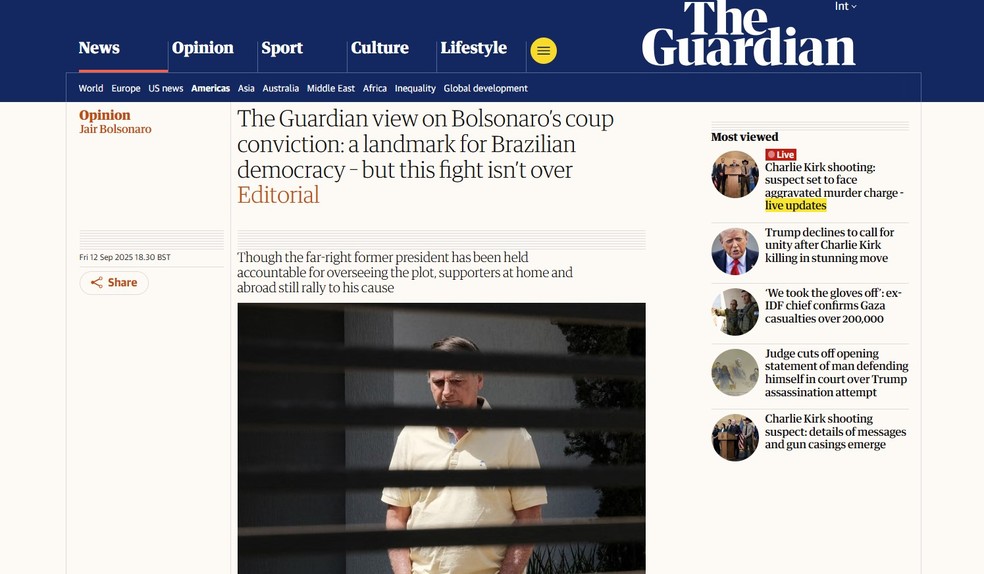 The Guardian opina sobre condenação de Bolsonaro: "Marco para a democracia brasileira, mas a luta não acabou" — Foto: Reprodução/The Guardian
