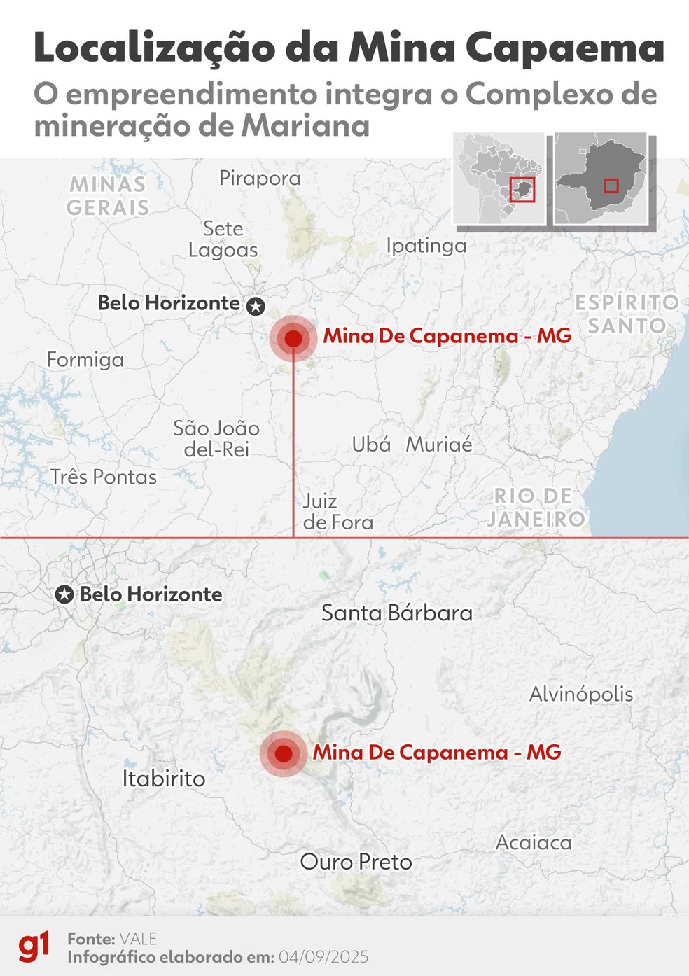 Infográfico mostra localização da mina da Vale Capanema, em Ouro Preto — Foto: Arte/g1