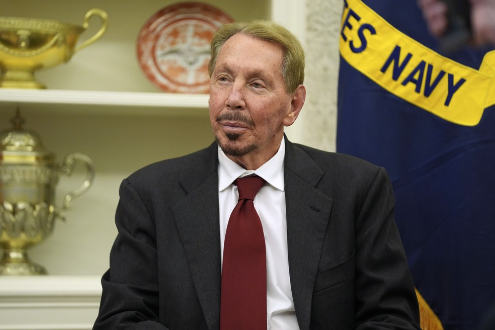 Larry Ellison, da Oracle, no Salão Oval da Casa Branca, em 3 de fevereiro de 2025. — Foto: Associated Press