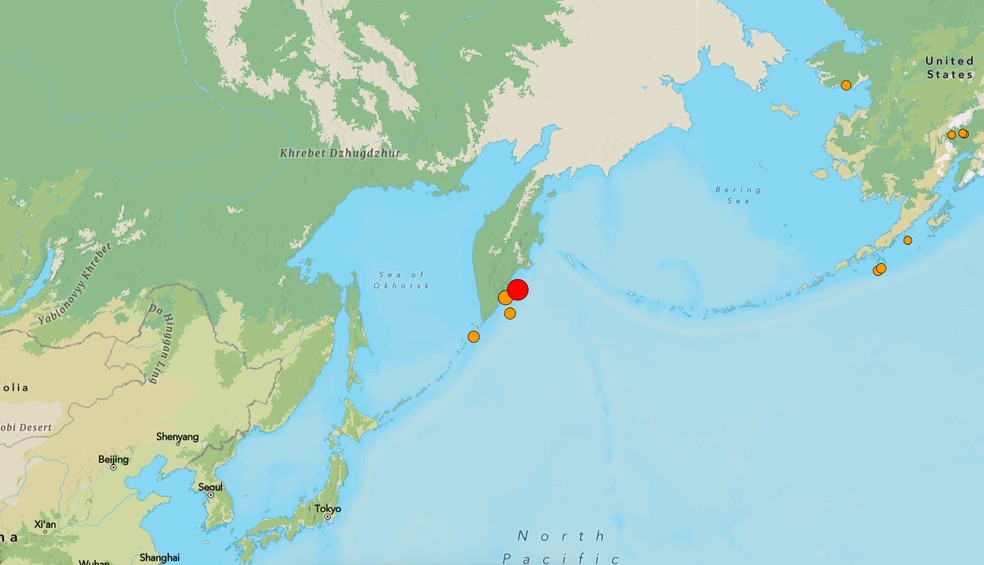 Ponto vermelho indica região onde terremoto foi registrado, em 18 de setembro de 2025 — Foto: USGS