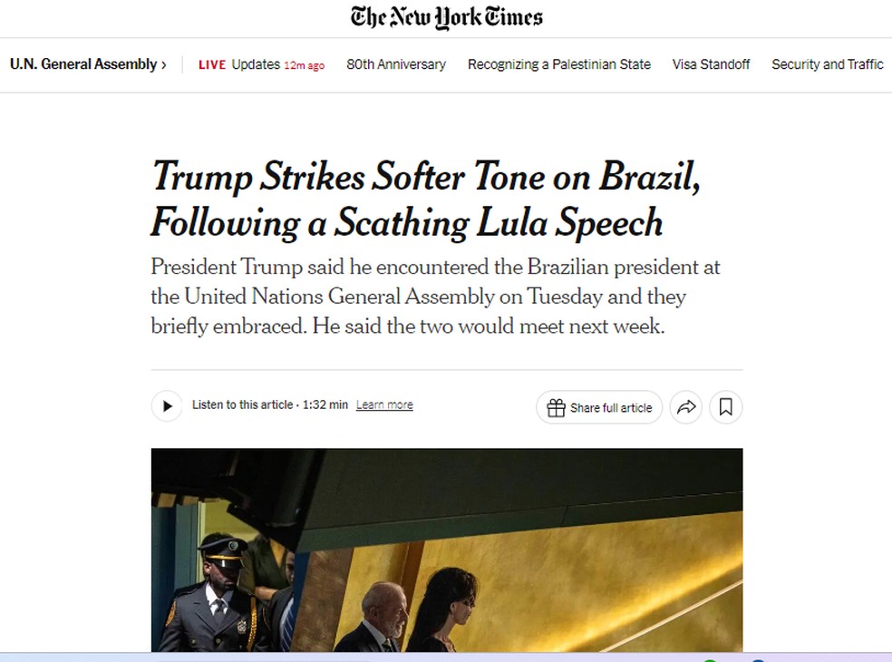 New York Times falando sobre encontro de Trump e Lula — Foto: Reprodução