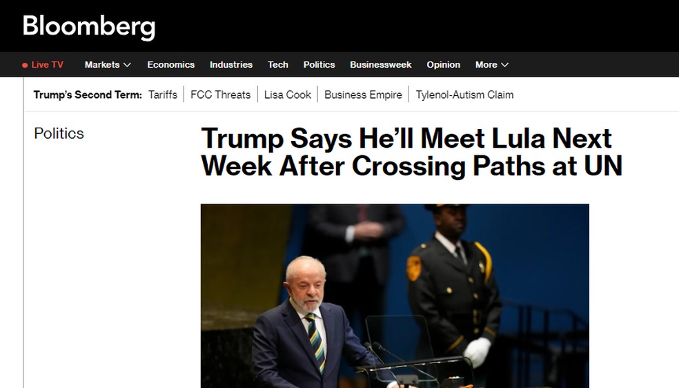 A agência de notícias internacional Bloomberg sobre fala de Trump sobre Lula — Foto: Reprodução
