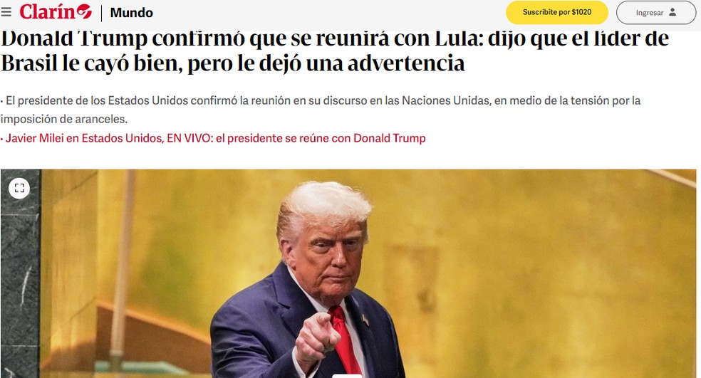 O jornal Clarín sobre encontro entre Trump e Lula — Foto: Reprodução