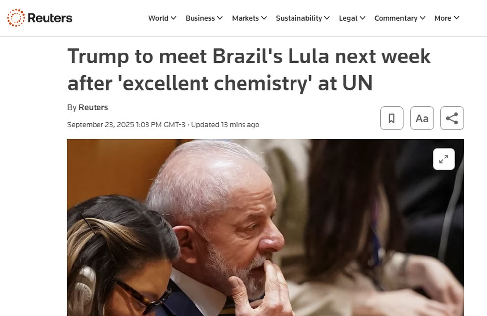 Reuters falando sobre encontro de Trump e Lula — Foto: Reprodução