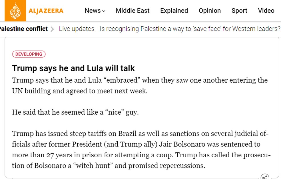 Al Jazeera falando sobre encontro de Trump e Lula — Foto: Reprodução