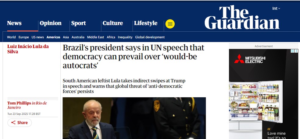 Jornal inglês The Guardian fala sobre Trump e Lula na ONU — Foto: Reprodução