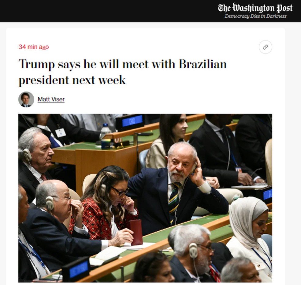 O jornal dos EUA 'The Washington Post' sobre fala de Trump sobre Lula — Foto: Reprodução