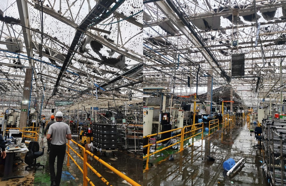 Fábrica de motores da Toyota é destelhada e carro é encontrado capotado após temporal — Foto: Redes Sociais