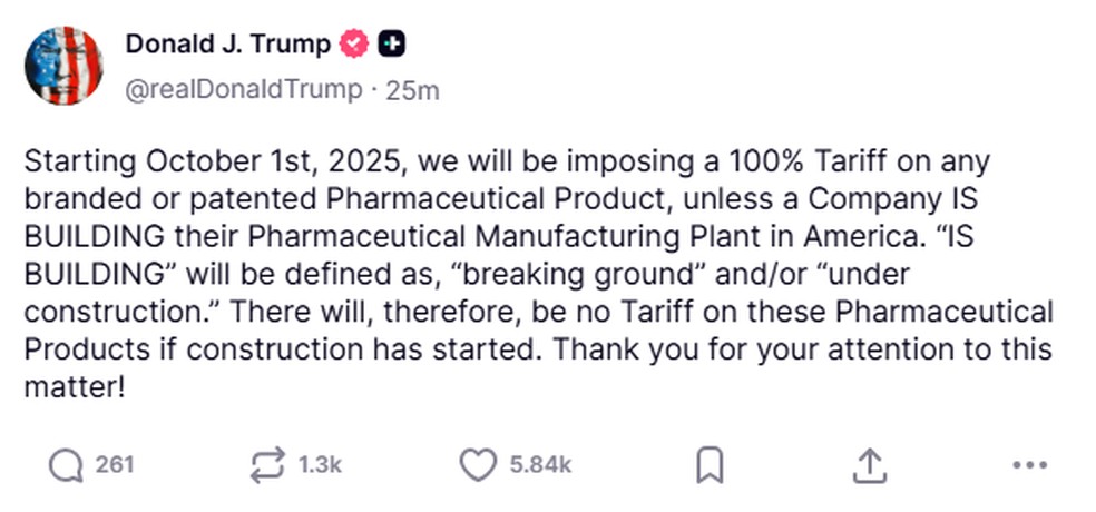 Trump anuncia tarifas sobre produtos farmacêuticos — Foto: Reprodução/Truth Social