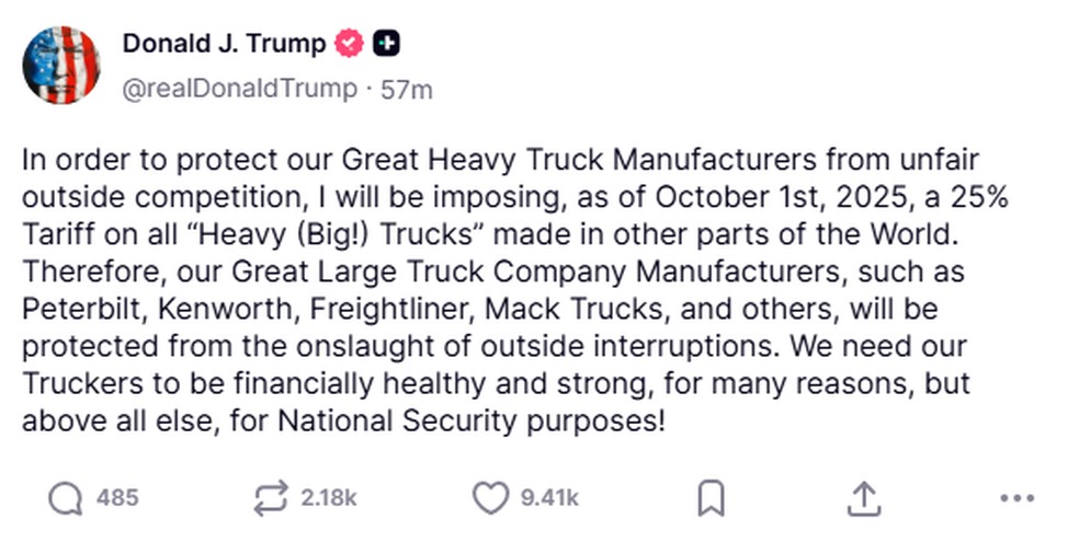 Trump anuncia tarifas sobre caminhões pesados — Foto: Reprodução/Truth Social